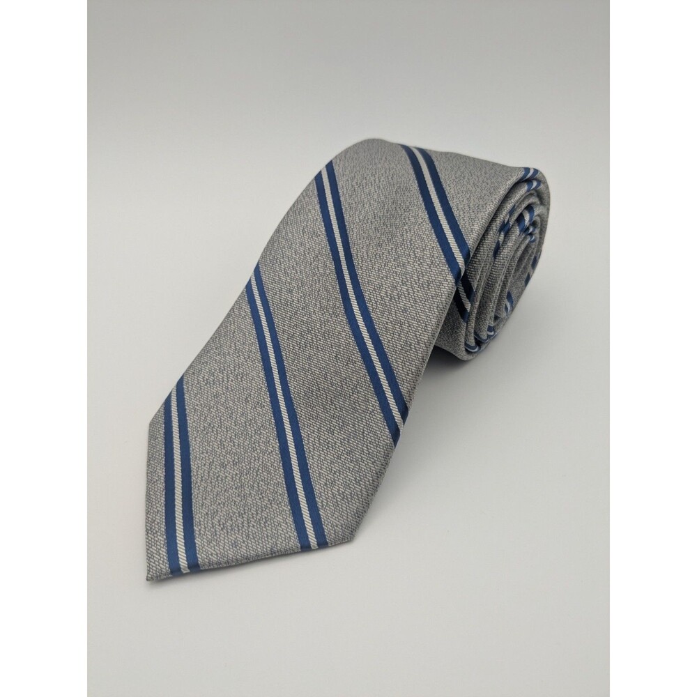 IZOD Mens Tie Gray Blue White Striped Necktie 57” 3.25” Polyester Classic